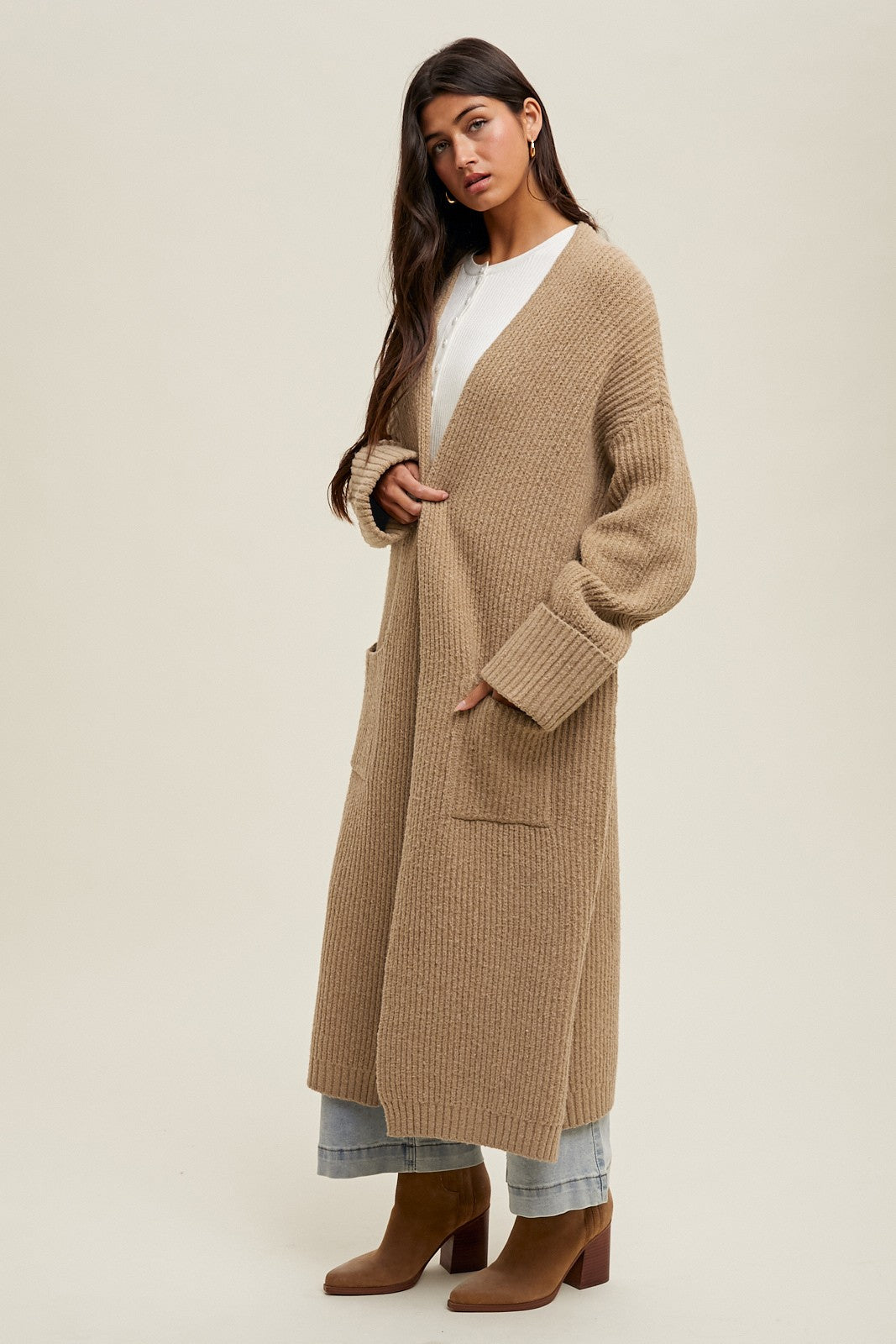 Camel Ribbed Chunky Knit Long Oversized Cardigan