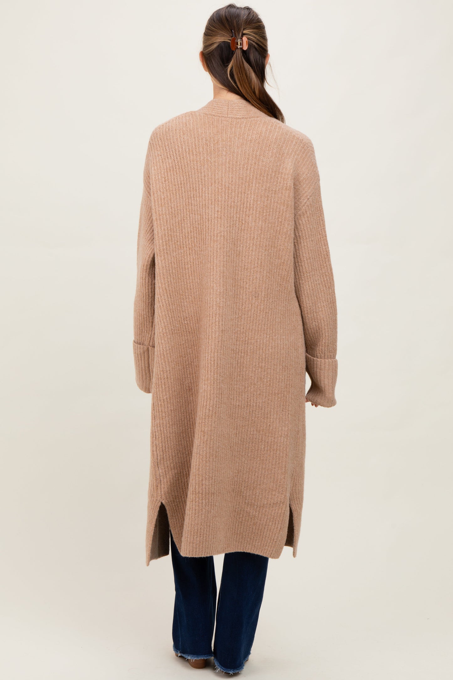 Camel Ribbed Chunky Knit Long Oversized Maternity Cardigan