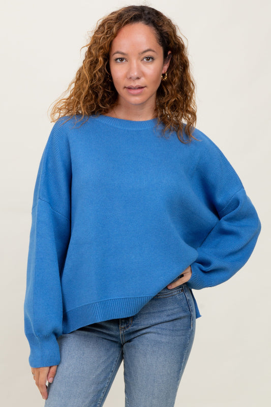 Blue Drop Shoulder Relaxed Fit Sweater