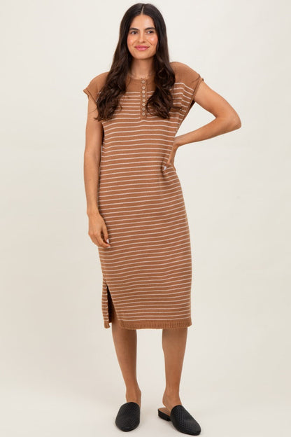 Mocha Striped Knit Button Detail Midi Dress