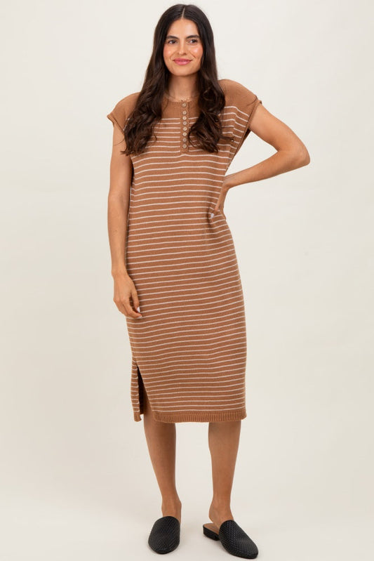 Mocha Striped Knit Button Detail Midi Dress