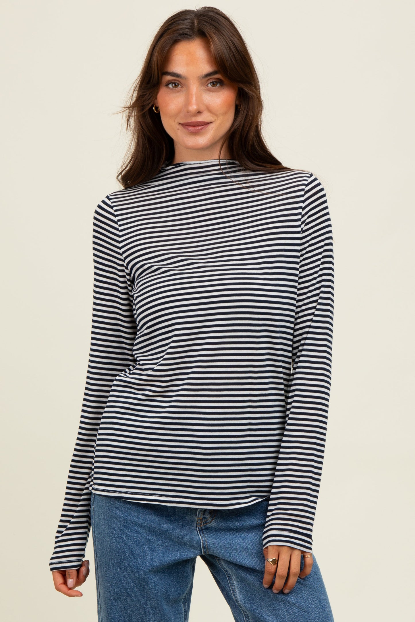 Navy Striped High Neck Maternity Long Sleeve Top