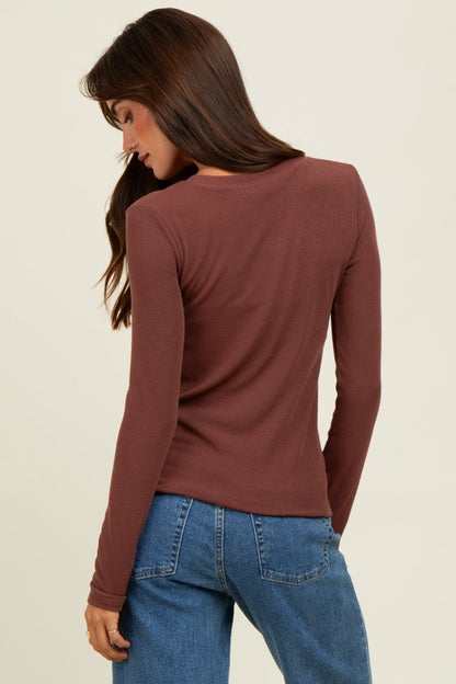 Brown Ribbed Long Sleeve Top