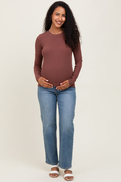 Brown Ribbed Maternity Long Sleeve Top
