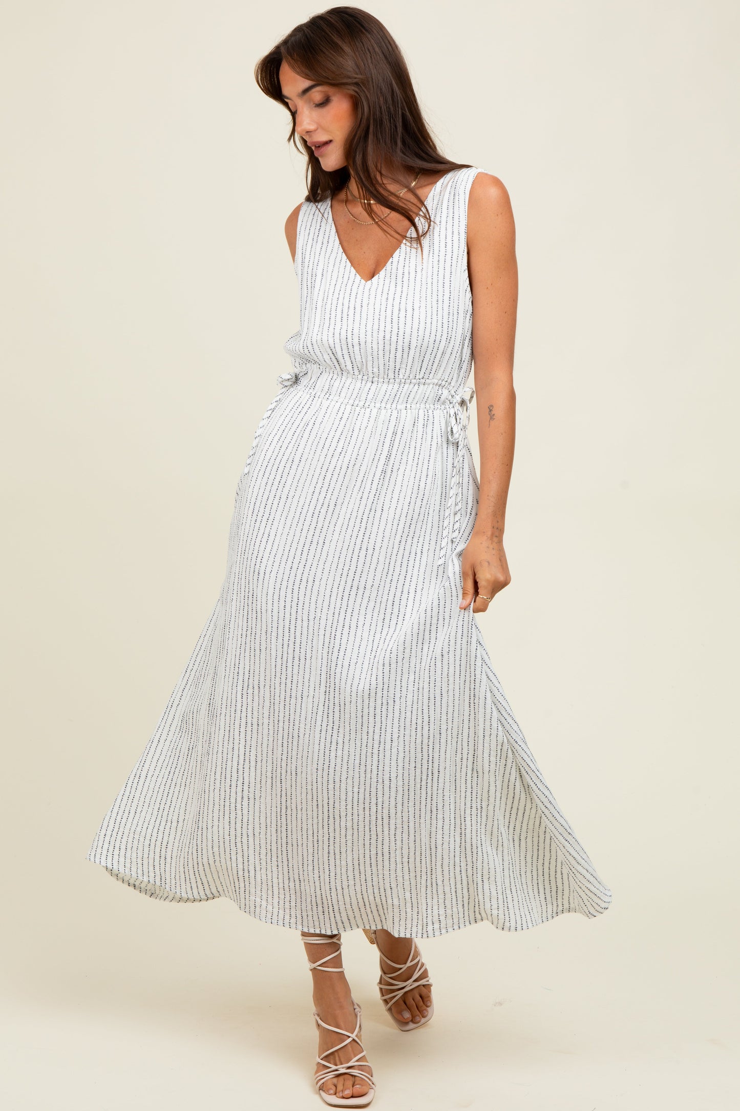 Ivory Dotted Stripe Side Tie Sleeveless Midi Dress