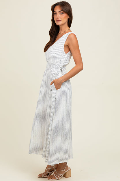 Ivory Dotted Stripe Side Tie Sleeveless Midi Dress