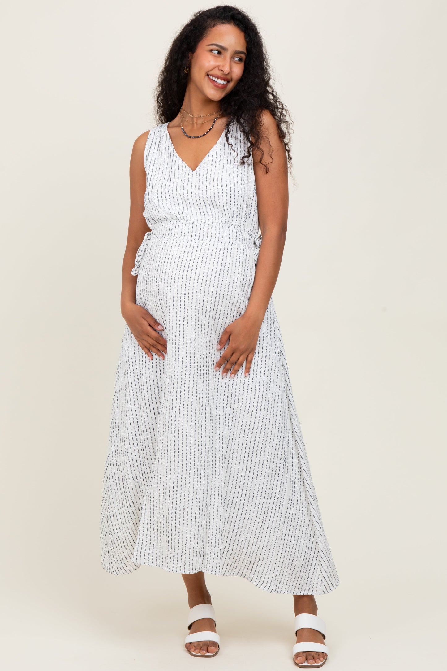 Ivory Dotted Stripe Side Tie Sleeveless Maternity Midi Dress