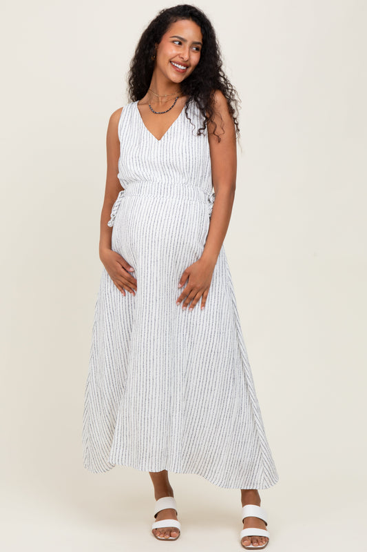 Ivory Dotted Stripe Side Tie Sleeveless Maternity Midi Dress