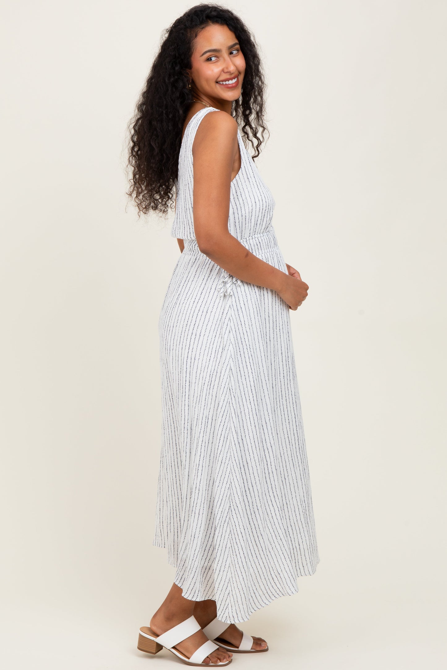 Ivory Dotted Stripe Side Tie Sleeveless Maternity Midi Dress