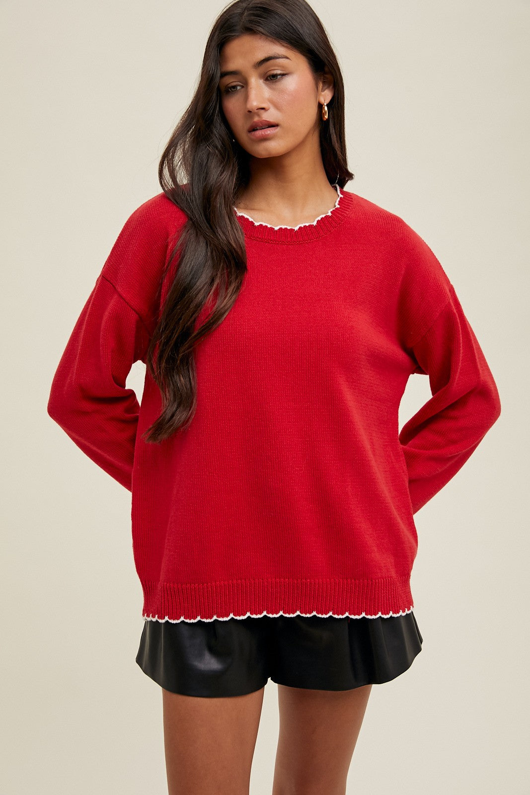 Red Contrast Scallop Trim Maternity Sweater
