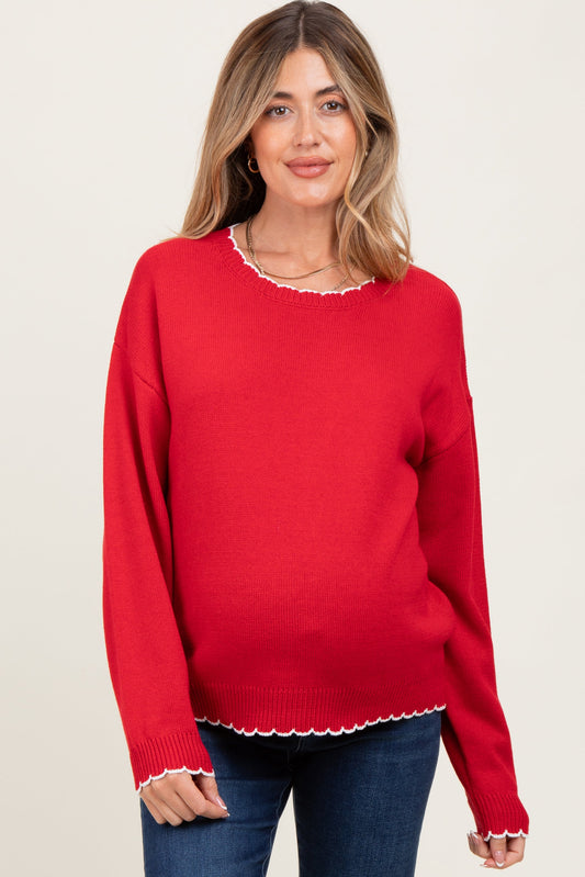 Red Contrast Scallop Trim Maternity Sweater
