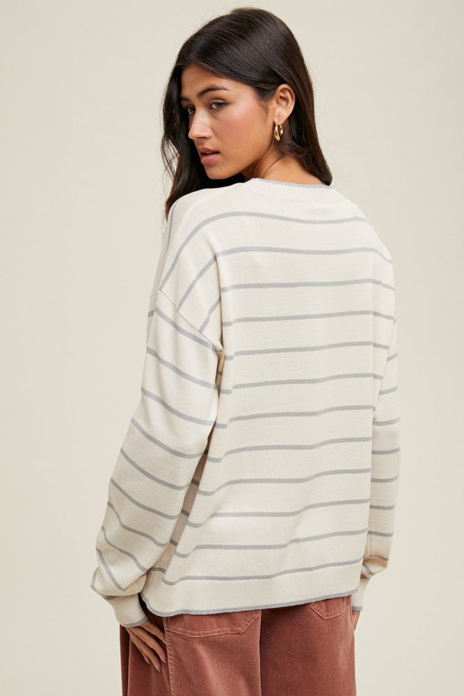 Cream Striped Drop Shoulder Sweater