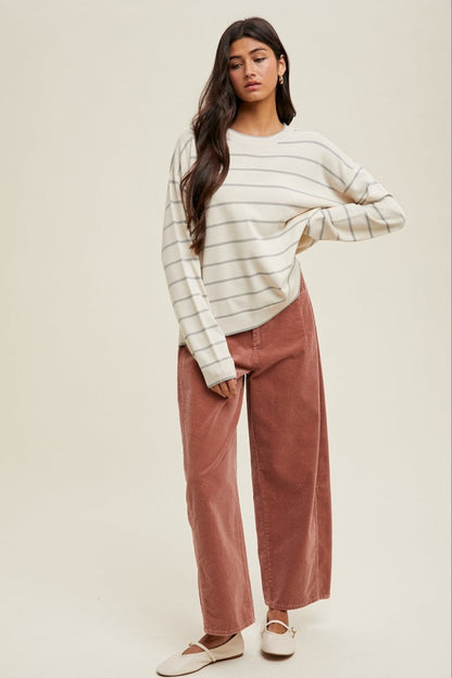 Cream Striped Drop Shoulder Sweater