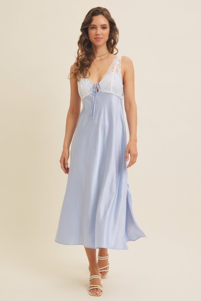 Light Blue Satin Lace Side Slit Slip Dress