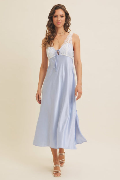 Light Blue Satin Lace Side Slit Slip Dress