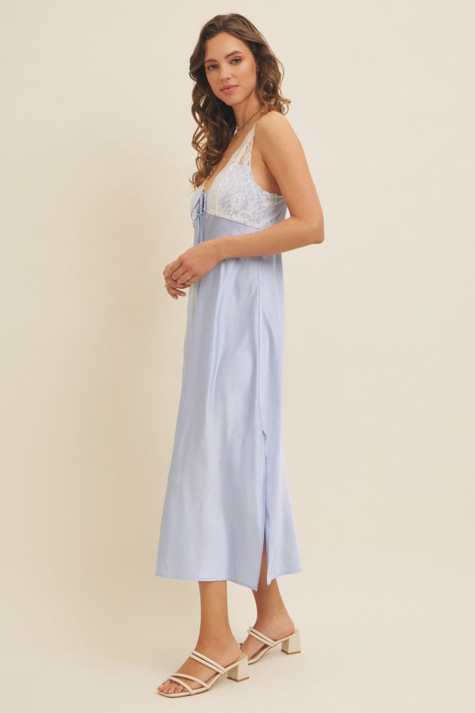 Light Blue Satin Lace Side Slit Slip Dress