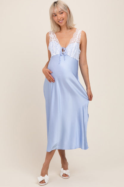 Light Blue Satin Lace Side Slit Maternity Slip Dress