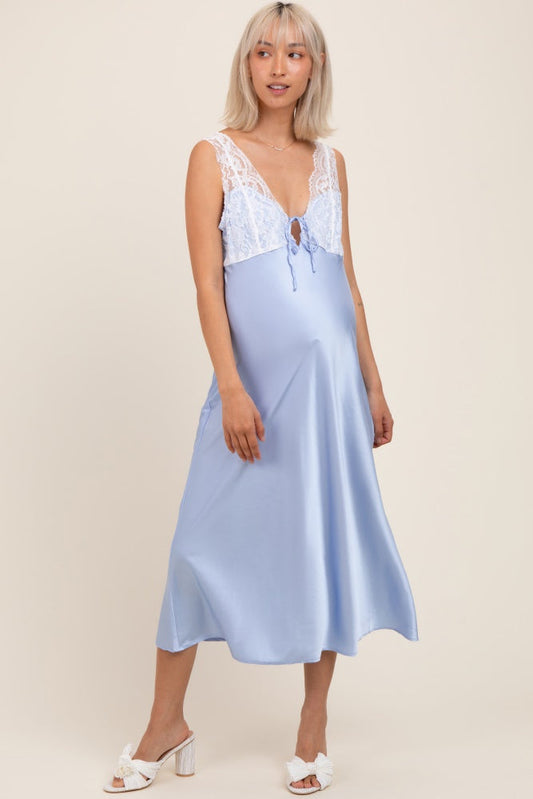 Light Blue Satin Lace Side Slit Maternity Slip Dress