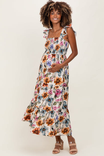 Multicolor Floral Smocked Tiered Maternity Maxi Dress