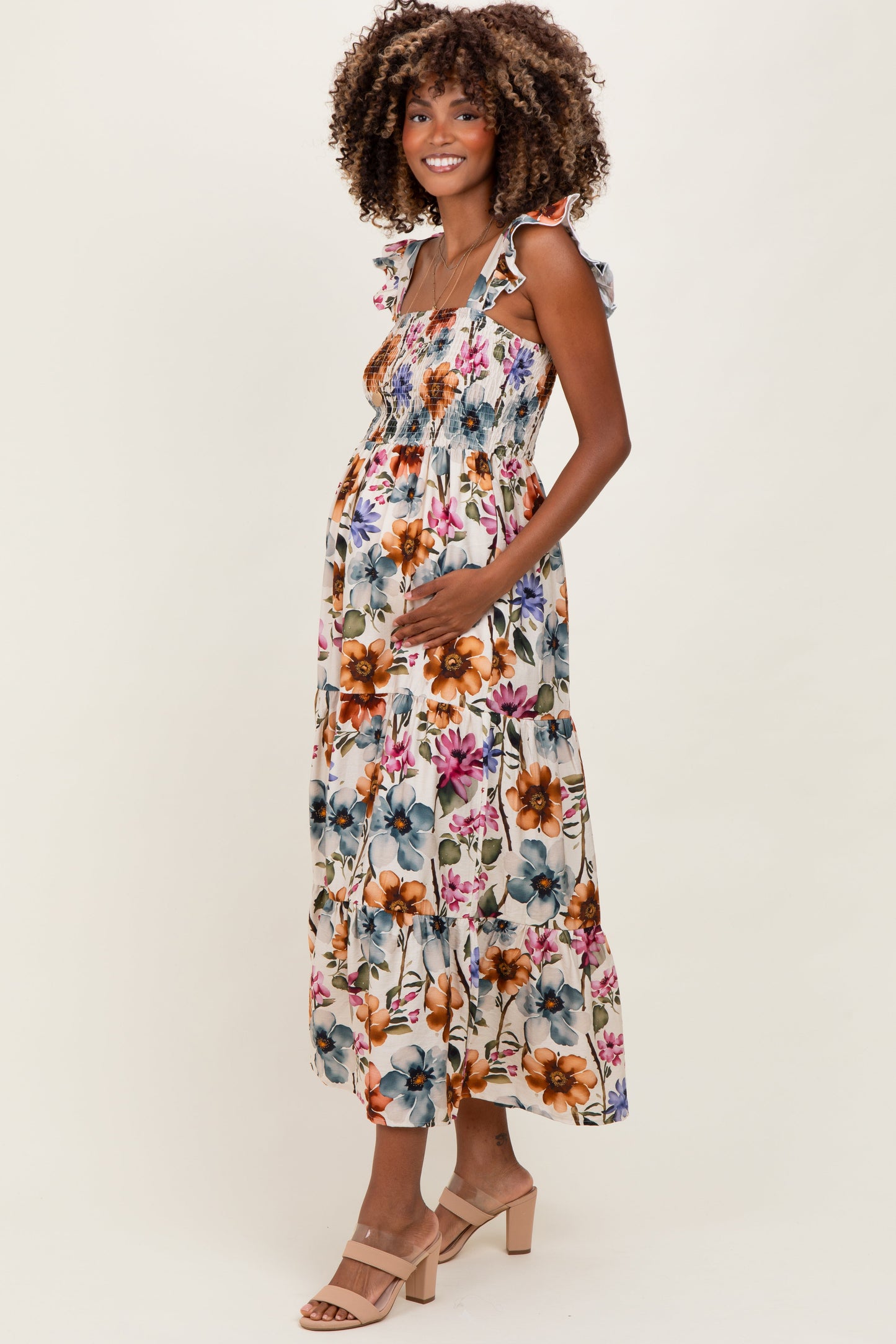Multicolor Floral Smocked Tiered Maternity Maxi Dress