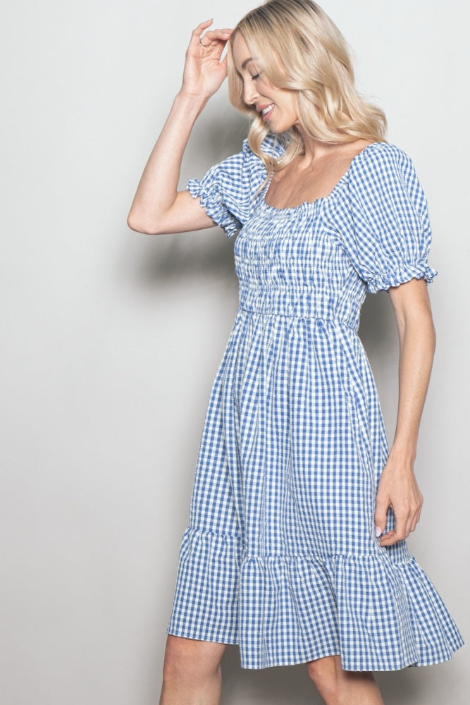 Blue Gingham Smocked Puff Sleeve Dress