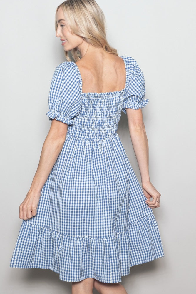 Blue Gingham Smocked Puff Sleeve Dress