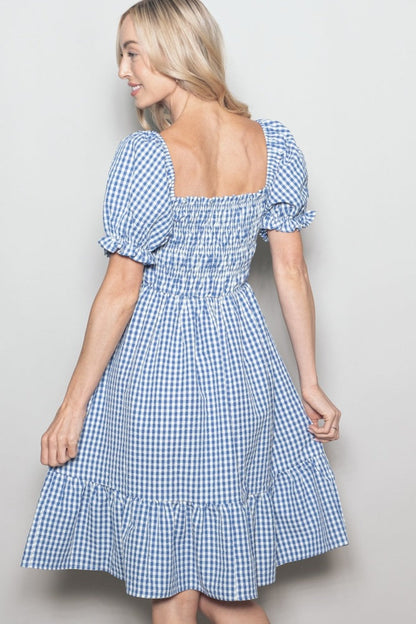 Blue Gingham Smocked Puff Sleeve Dress