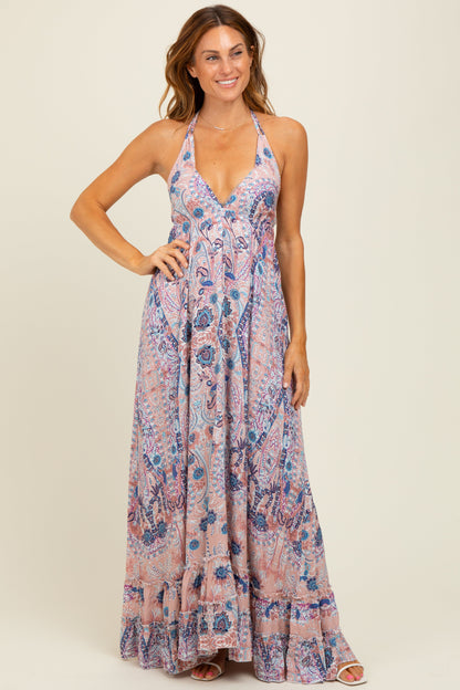 Mauve Paisley Halter V-Neck Cutout Maxi Dress