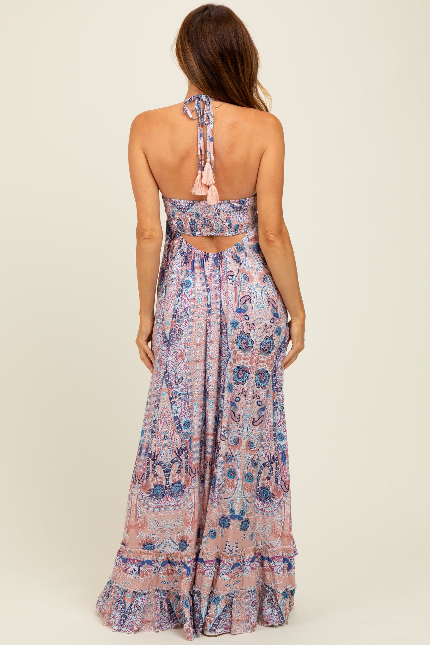 Mauve Paisley Halter V-Neck Cutout Maxi Dress