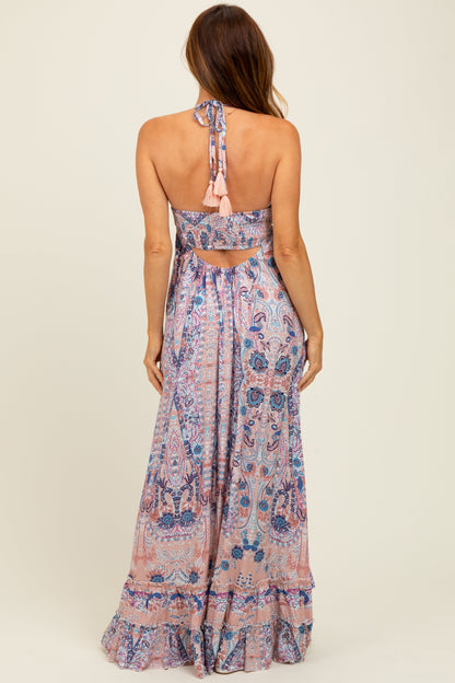 Mauve Paisley Halter V-Neck Cutout Maxi Dress