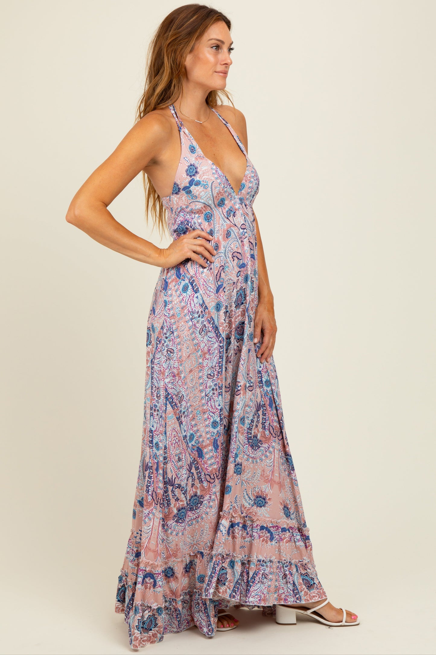 Mauve Paisley Halter V-Neck Cutout Maxi Dress