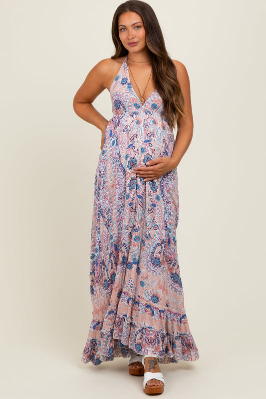 Mauve Paisley Halter V-Neck Cutout Maternity Maxi Dress