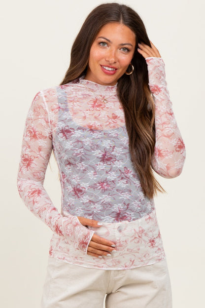 Pink Floral Mesh Lace Long Sleeve Maternity Top