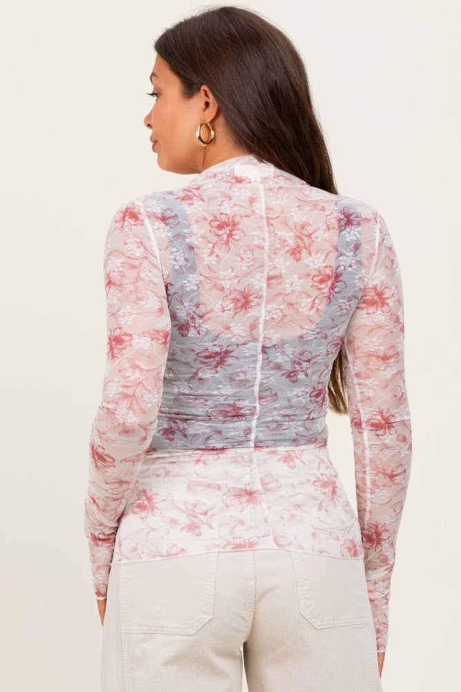 Pink Floral Mesh Lace Long Sleeve Maternity Top