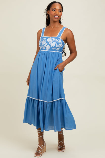 Blue Floral Embroidered Cutout Tie Back Midi Dress