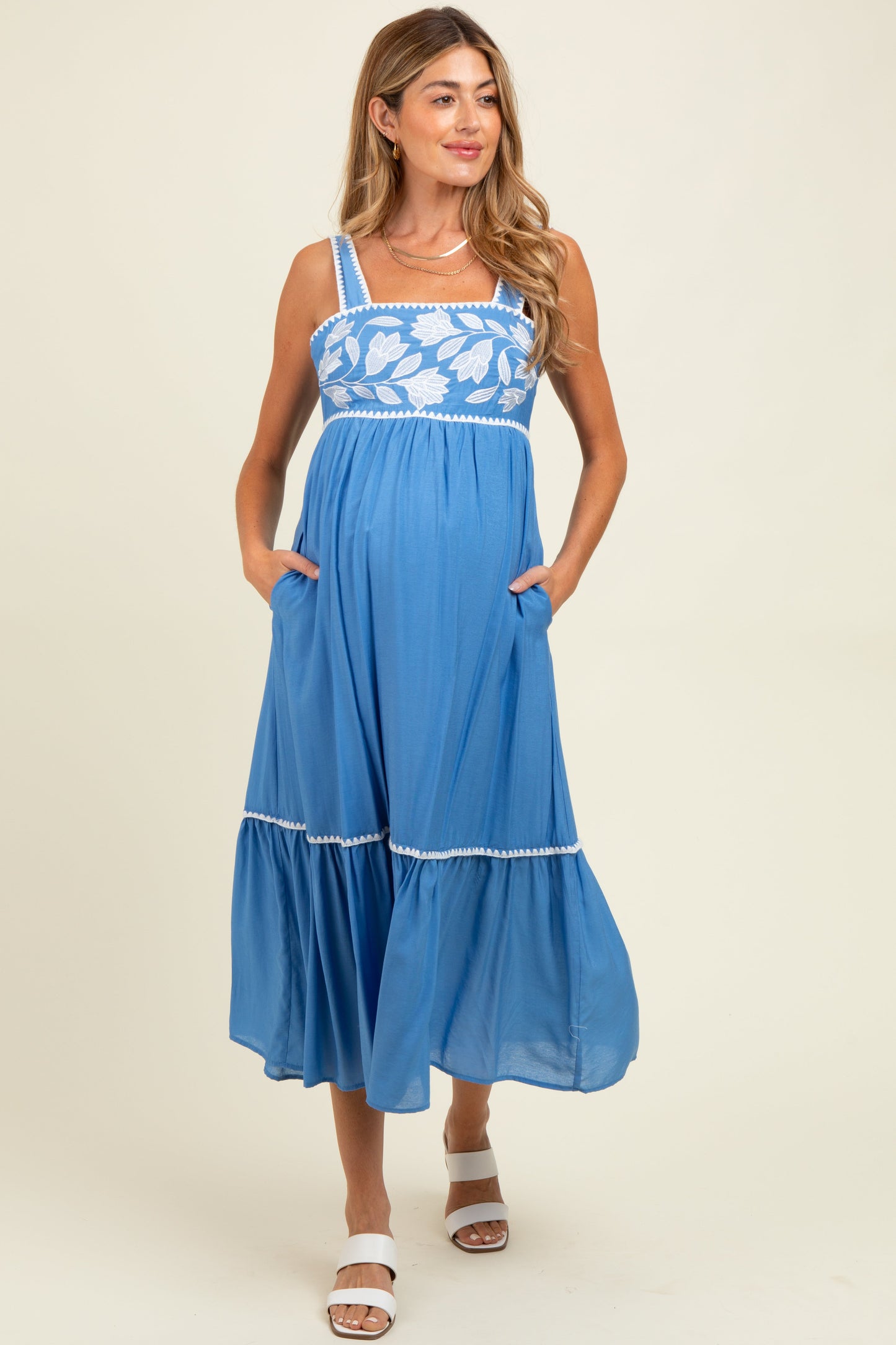 Blue Floral Embroidered Cutout Tie Back Maternity Midi Dress