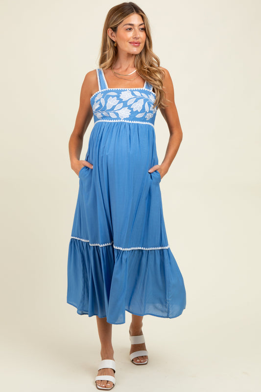 Blue Floral Embroidered Cutout Tie Back Maternity Midi Dress
