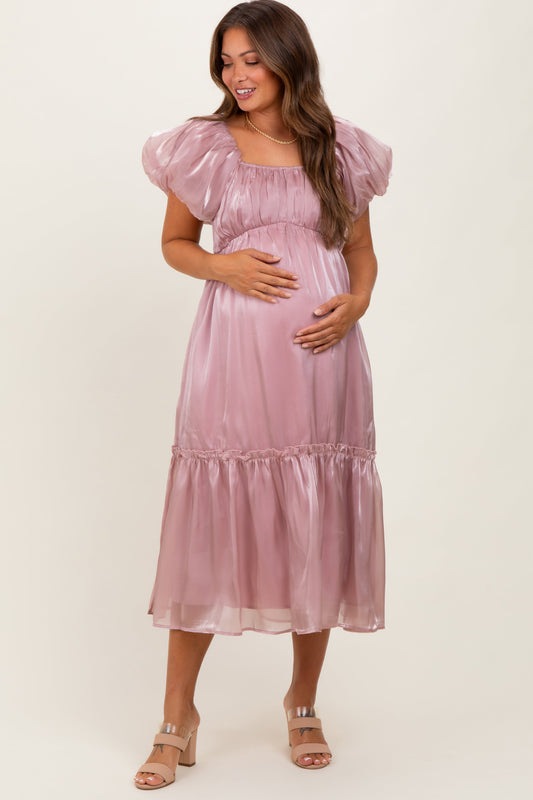 Pink Organza Puff Sleeve Maternity Midi Dress
