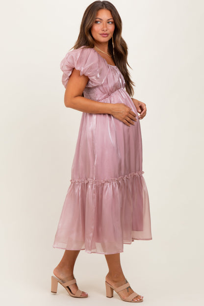 Pink Organza Puff Sleeve Maternity Midi Dress