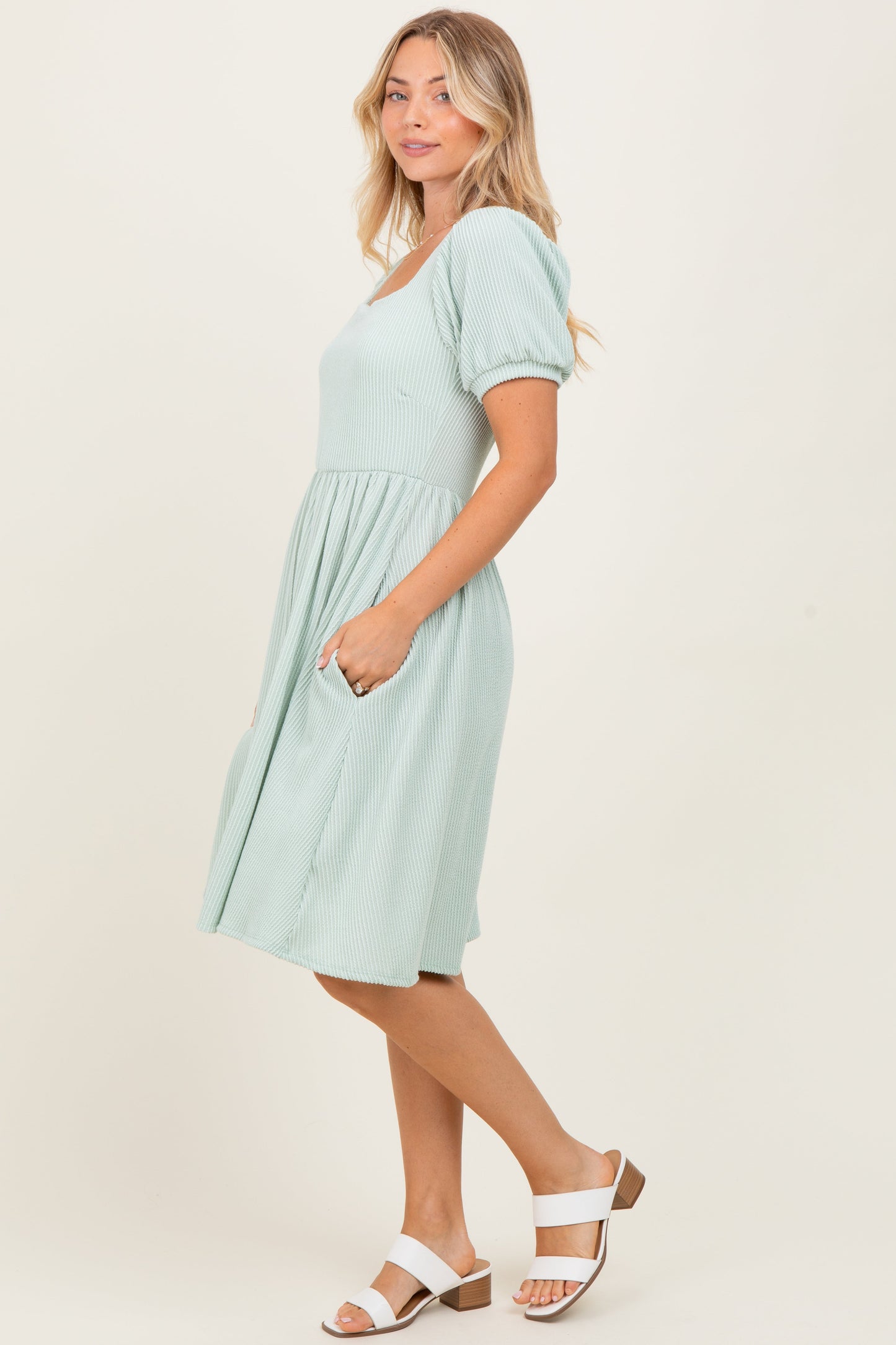 Sage Square Neck Puff Sleeve Rib Babydoll Dress