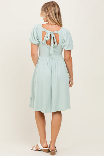 Sage Square Neck Puff Sleeve Rib Babydoll Dress