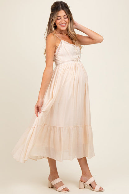 Cream Lace Detail Button Front Sleeveless Maternity Midi Dress