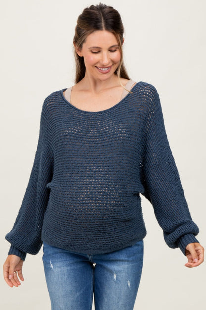 Navy Open Crochet Knit Wide Neck Maternity Sweater