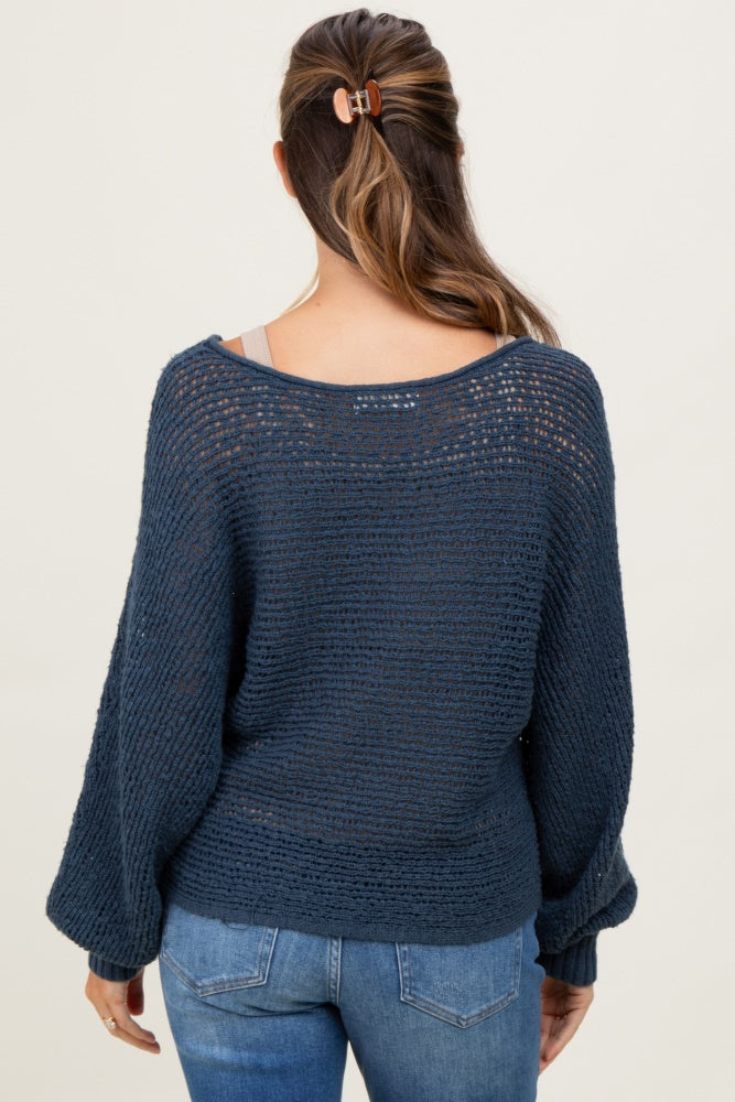 Navy Open Crochet Knit Wide Neck Maternity Sweater