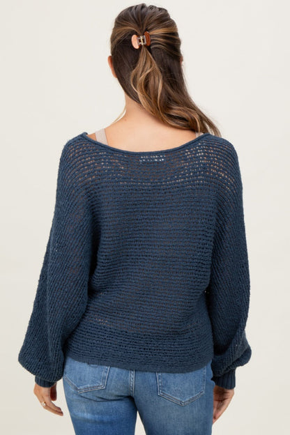 Navy Open Crochet Knit Wide Neck Maternity Sweater