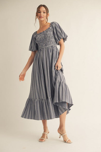 Navy Gingham Smocked Puff Sleeve Midi Dress