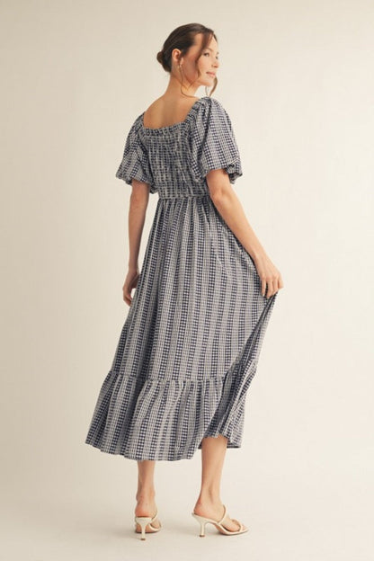 Navy Gingham Smocked Puff Sleeve Midi Dress