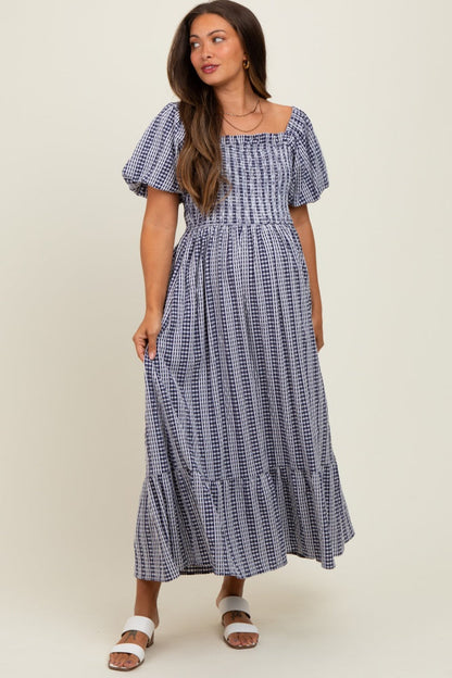 Navy Gingham Smocked Puff Sleeve Maternity Midi Dress