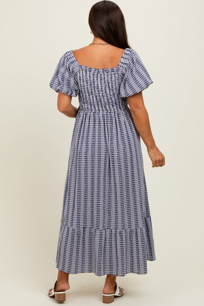 Navy Gingham Smocked Puff Sleeve Maternity Midi Dress