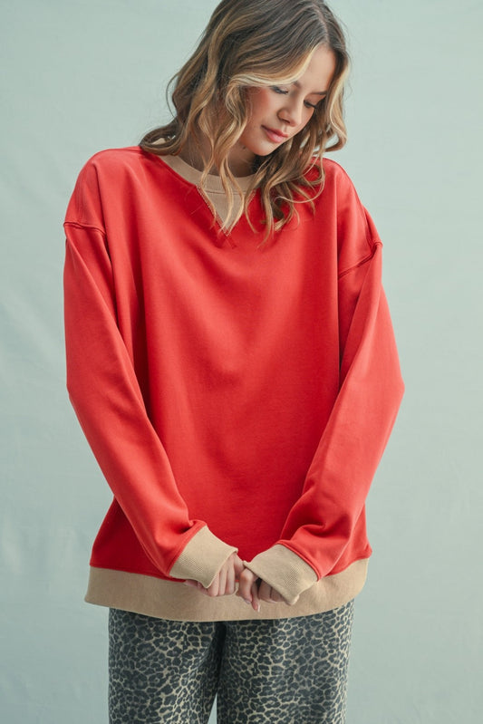 Red Colorblock Pullover Top